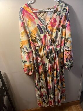 SHEIN Pink Multicolor Brushstroke Floral Pleated Midi Dress